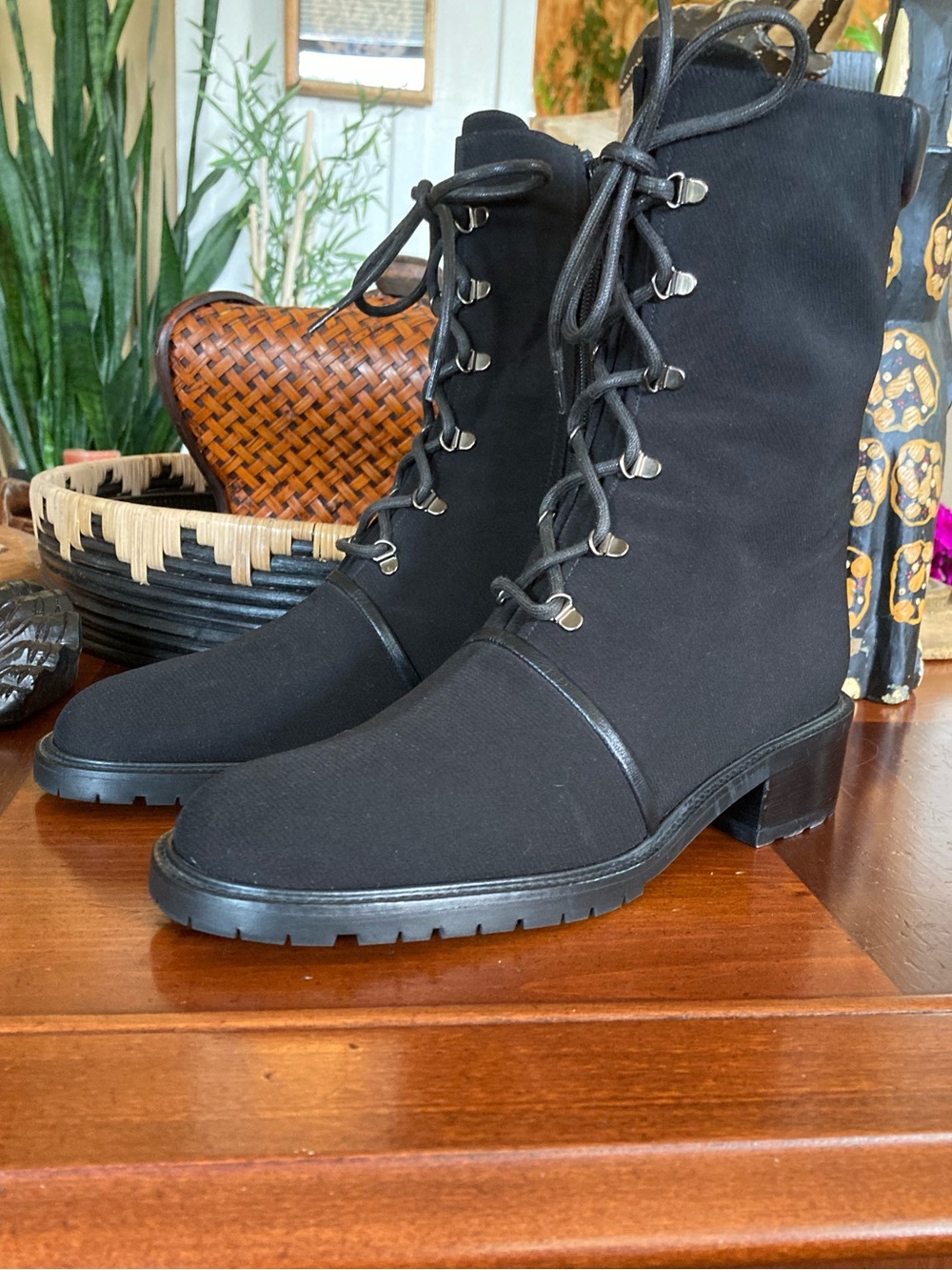 Stuart Weitzman Black Lace-Up Mid-Heel Combat Boots